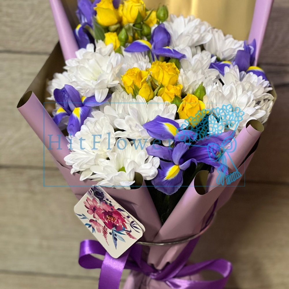 Букет цветов Прелестные ромашки Букет цветов из: Хризантемы, Розы и Ирисы