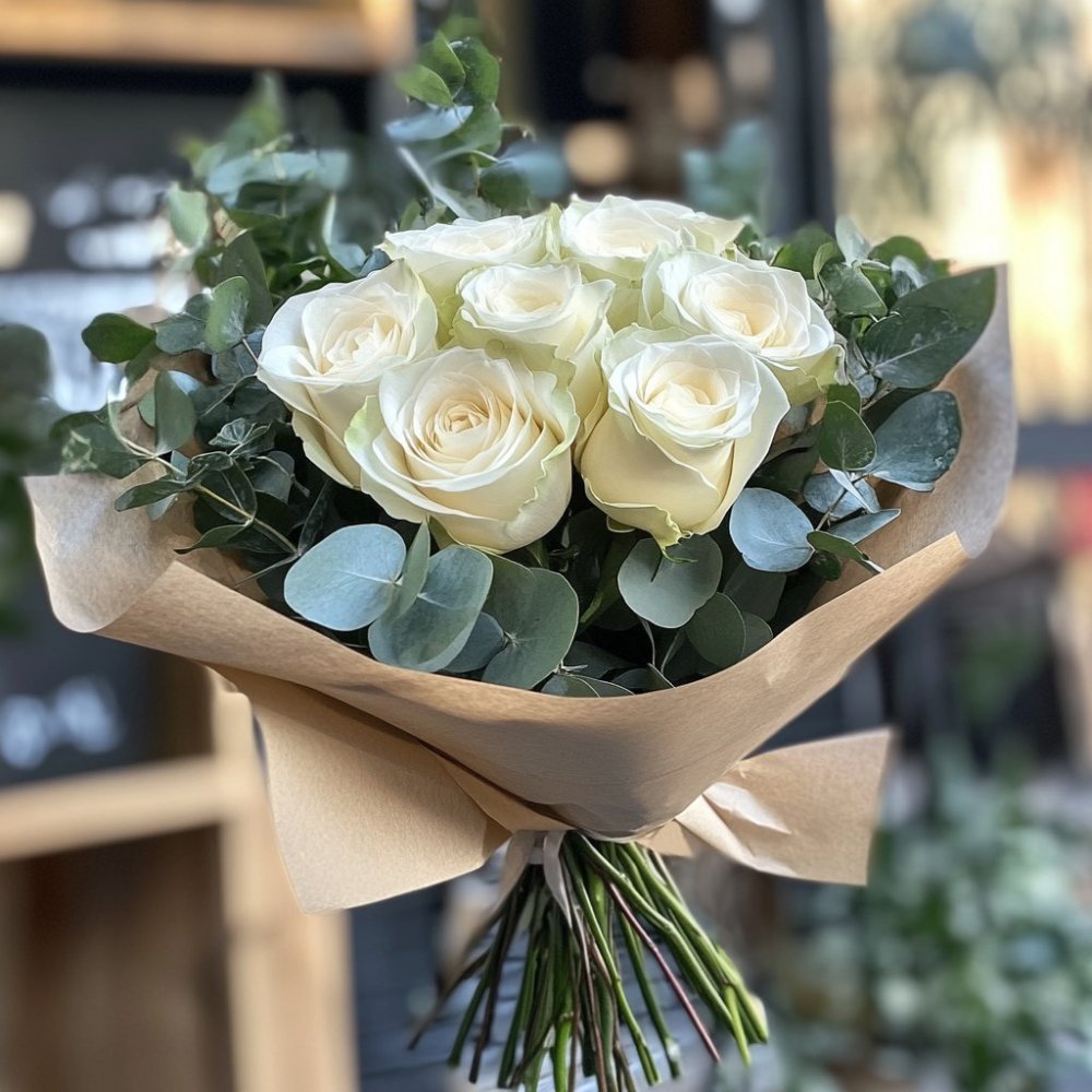 Букет белые розы в эвкалипте Букет роз Белые розы в эвкалипте